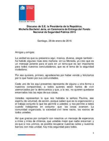 Discurso de Michelle Bachelet en Ceremonia de Entrega del Fondo Nacional de  Seguridad Pública 2015 - Archivo Michelle Bachelet Jeria 2014-2018