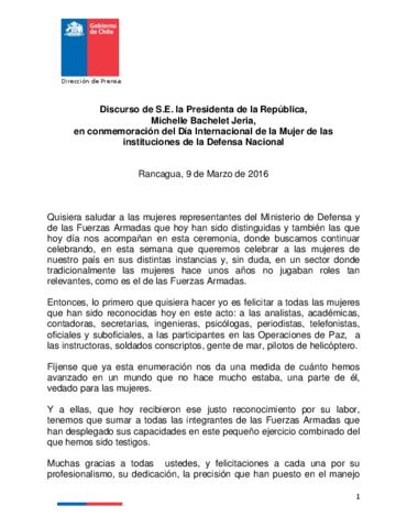 Discurso de Michelle Bachelet en Conmemoración del Día Internacional de la Mujer  de las instituciones de la Defensa Nacional - Archivo Michelle Bachelet  Jeria 2014-2018