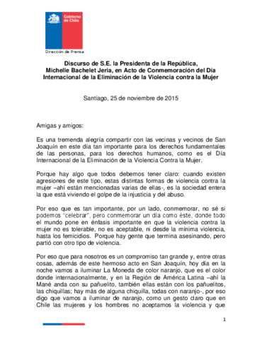 Discurso de Michelle Bachelet en Acto de Conmemoración del Día  Internacional de la Eliminación de la Violencia contra la Mujer - Archivo  Michelle Bachelet Jeria 2014-2018